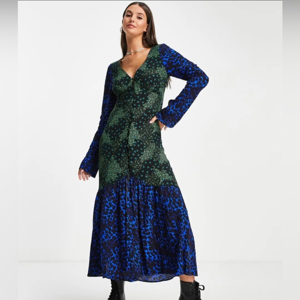TOPSHOP Tall Animal & Star Print V Neck Midi Dress Green\Blue Viscose Size 10
